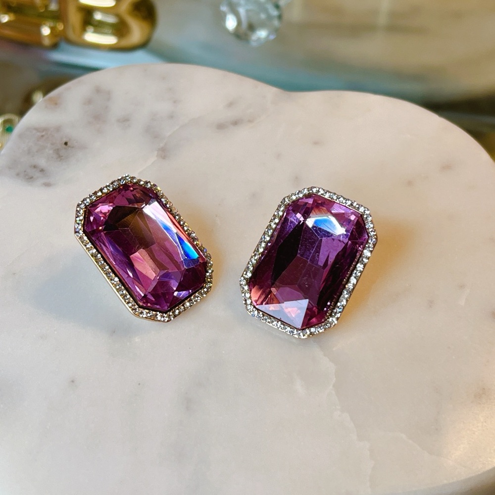 Purple 💜 crystal emerald cut halo earrings ~ 1” faceted - Picture 6 of 6